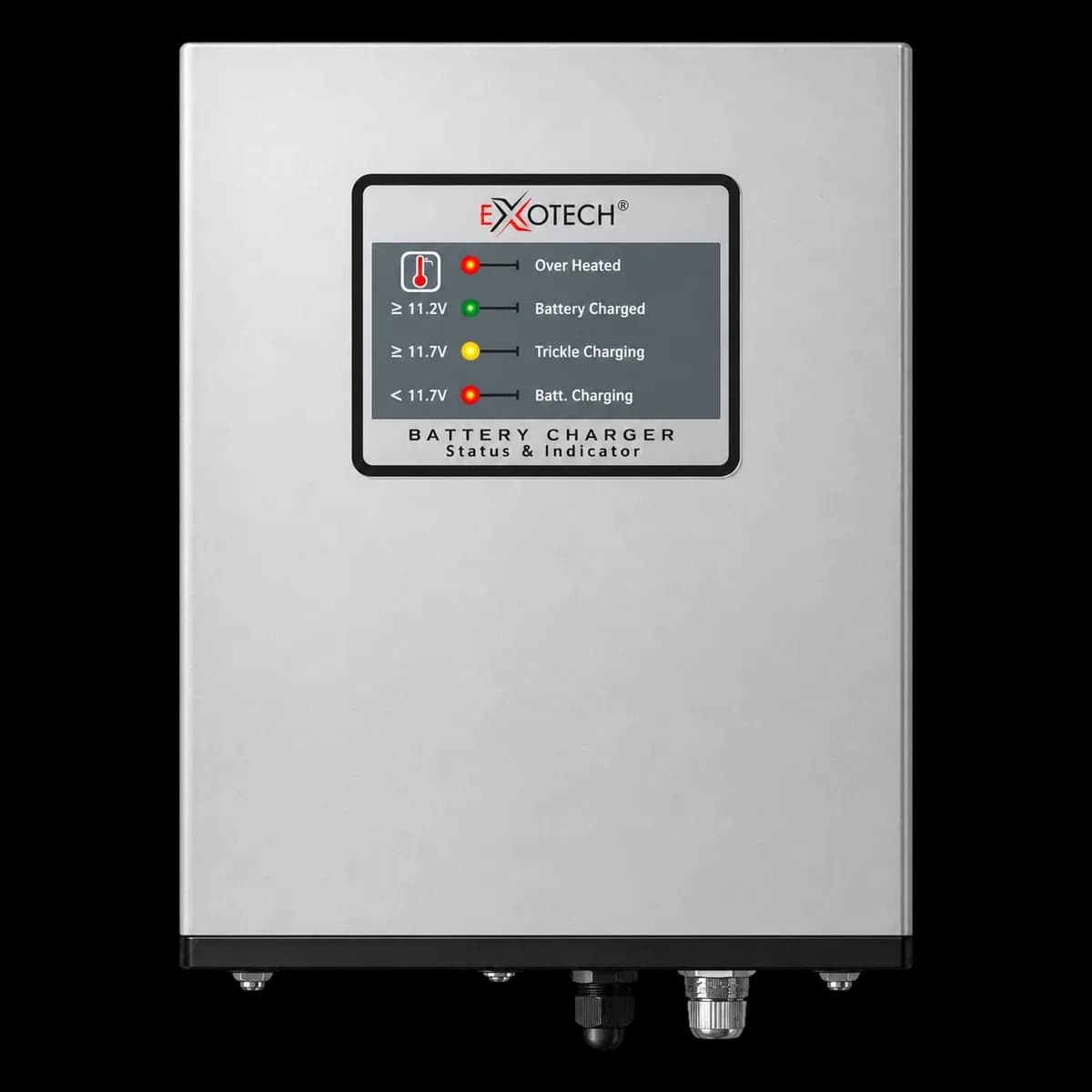 Exotech battery charger with status and indicator panel
